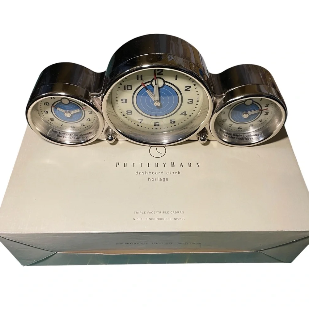 Pottery Barn Triple Face Dashboard Clock Nickel Finish Original Box & Packing - Picture 9 of 16